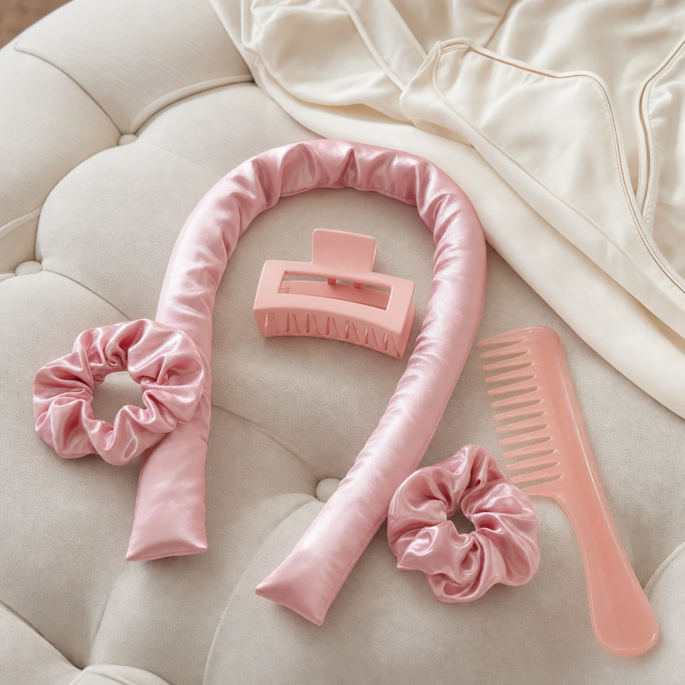 Lockenband ohne Hitze – 5-teiliges Satin-Set Rosa