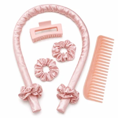 Lockenband ohne Hitze, 5-teiliges Satin-Set in Rosa mit Haarspange, 2 Haargummis & breitzinkigem Kamm